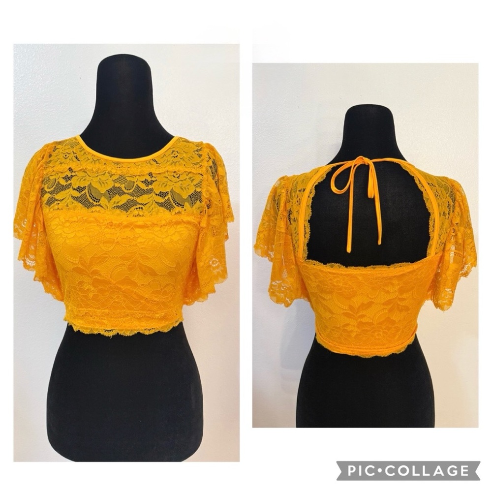 Guess Yellow Ruffled Crop Blouse with Black Trim